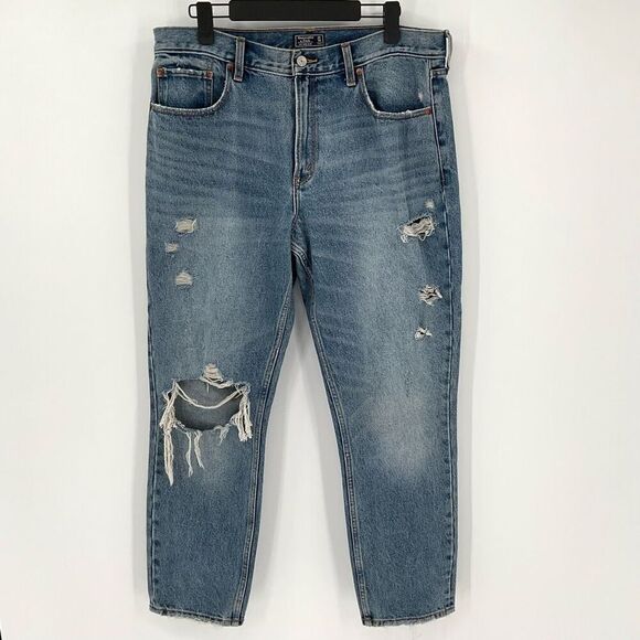 Abercrombie & Fitch Mom Jean Medium Wash 100% Cotton Distressed Women 14 Long - Picture 1 of 5